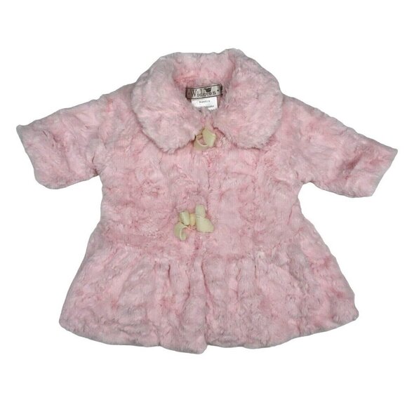 Widgeon Baby Girls 6M Pink Plush Fuzzy Collared Snap Front Bow Jacket Coat - Picture 1 of 8